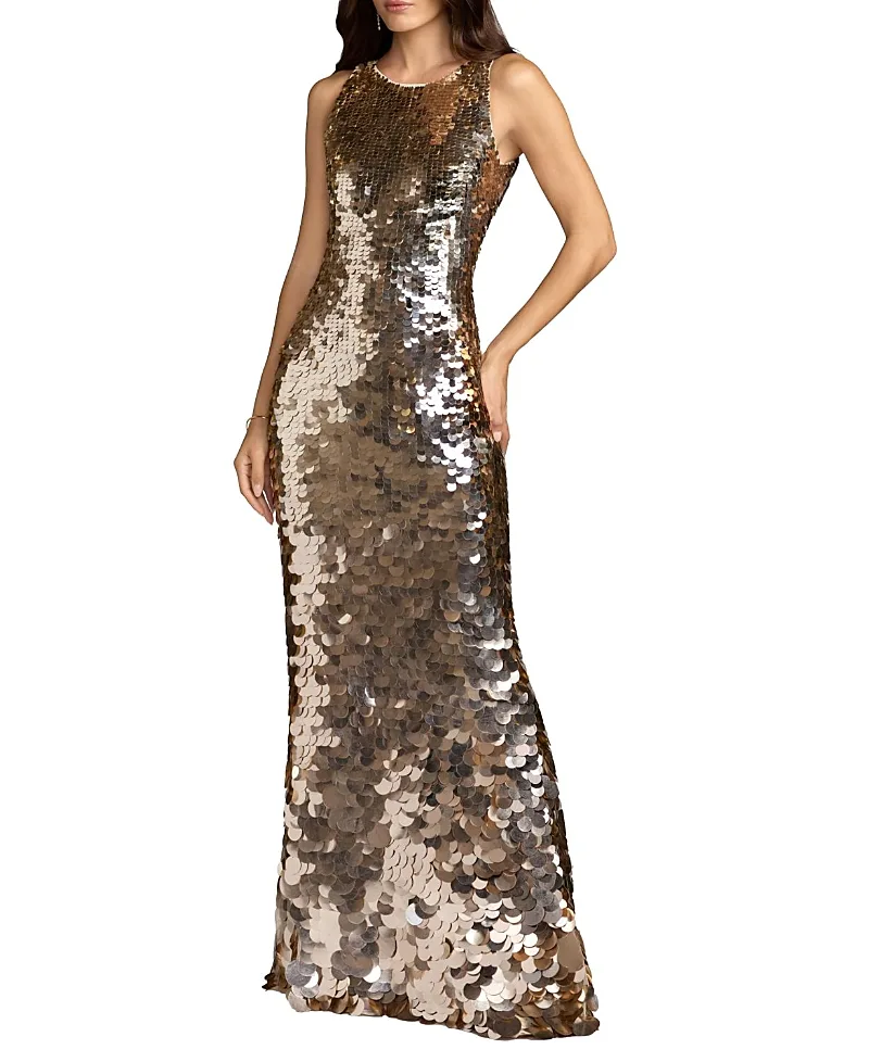 Mac Duggal Sleeveless High Neck Disc Sequin a Line Gown by M.A.C.