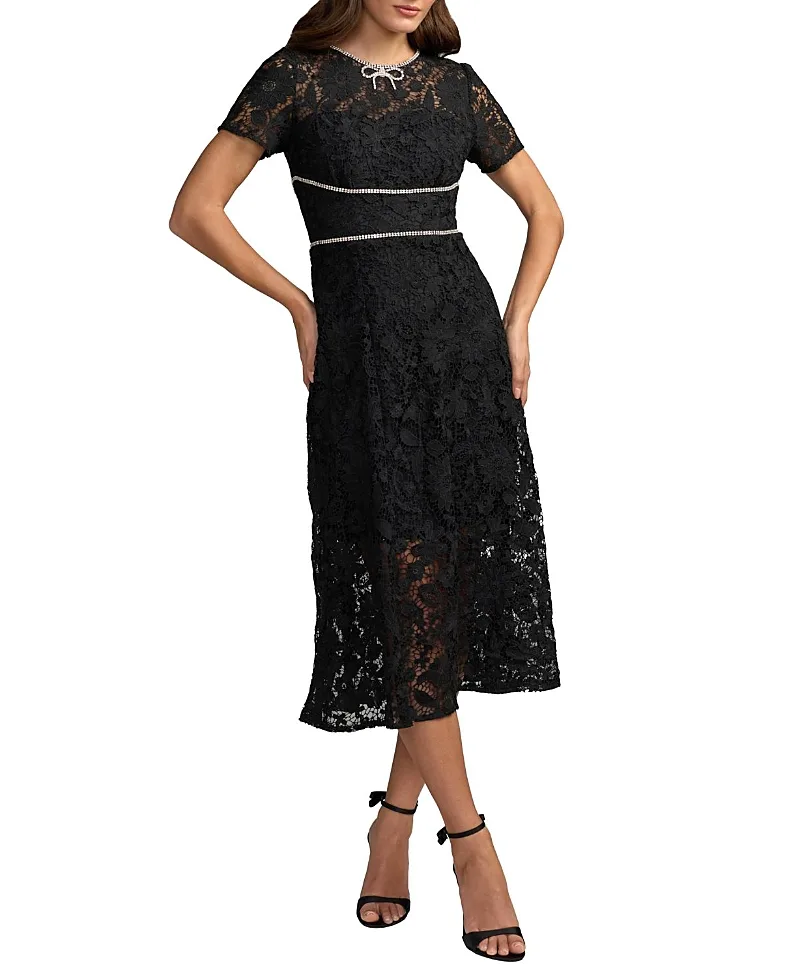 Mac Duggal Short Sleeve Lace Midi Dress with Rhinestone Trim by M.A.C.