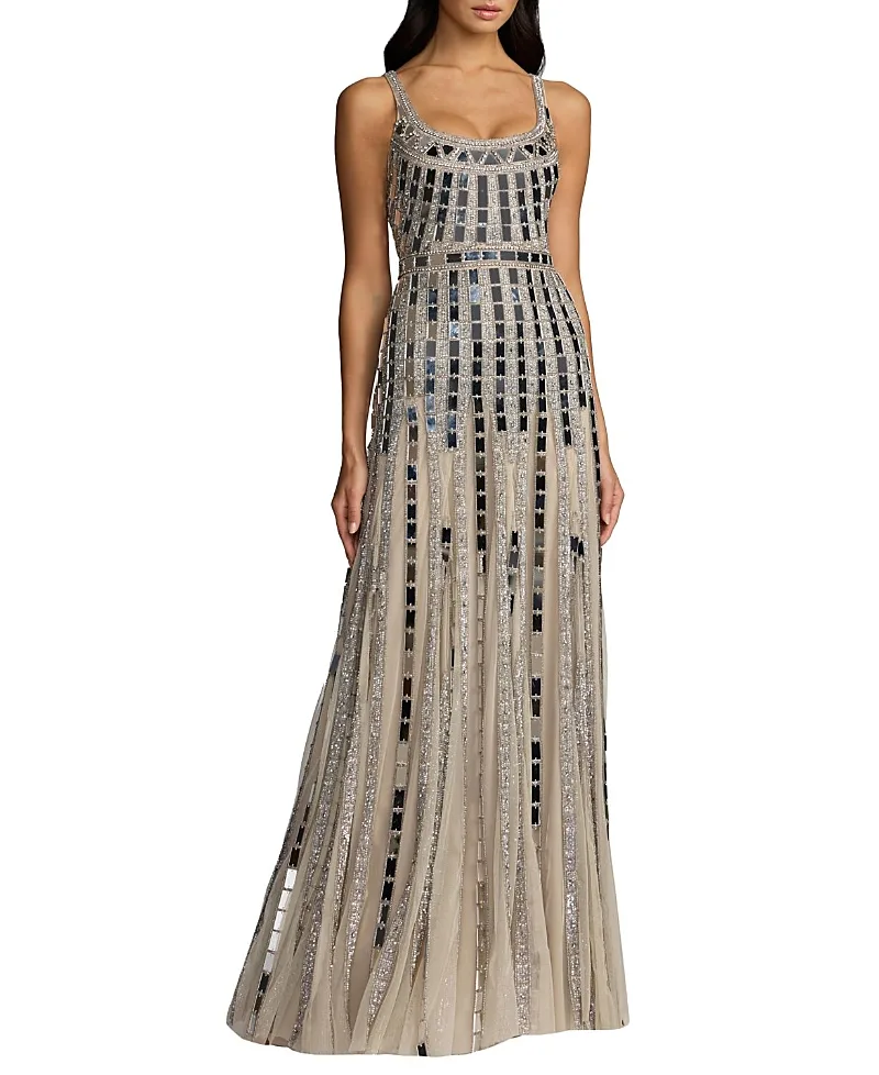 Mac Duggal Sleeveless Geometric Mirror Embellished Gown by M.A.C.