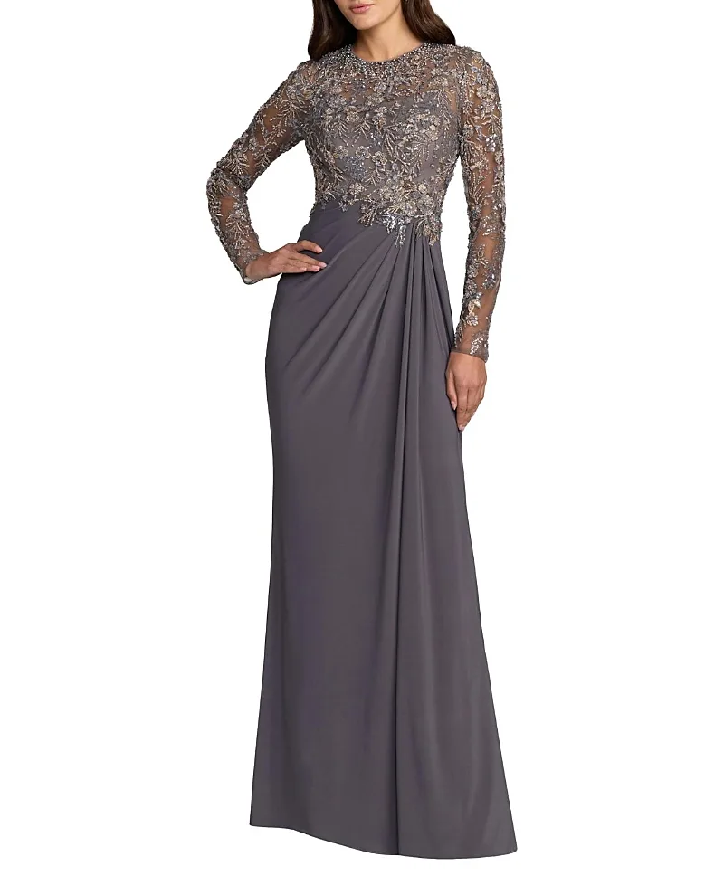 Mac Duggal Long Sleeve Jersey Beaded Embroidered Gown by M.A.C.