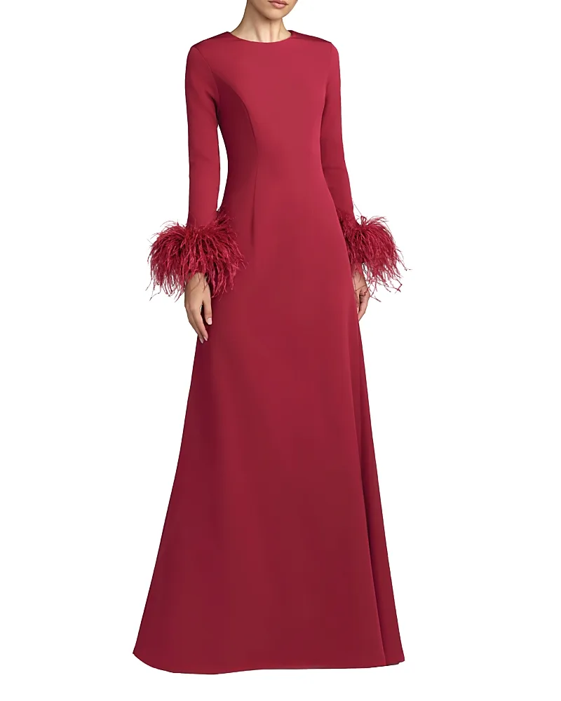 Mac Duggal Crepe Long Sleeve a Line Gown with Feather Trim by M.A.C.