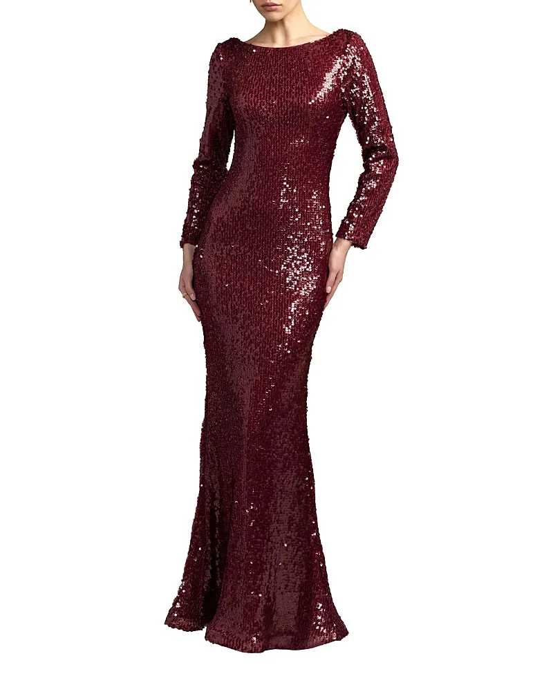 Mac Duggal High Neck Long Sleeve Cowl Back Sequin Gown by M.A.C.