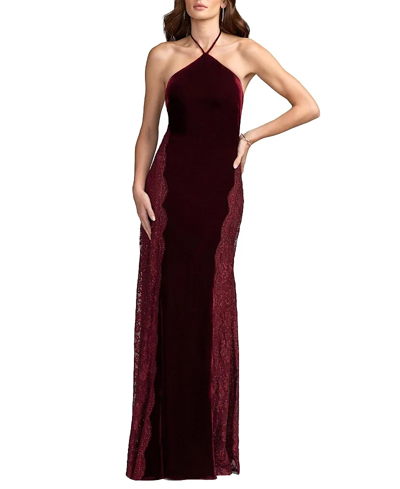 Mac Duggal Velvet and Lace Halter Column Gown