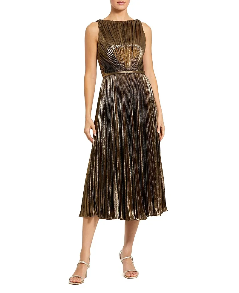 Mac Duggal Metallic Pleated High Neck Midi Dress