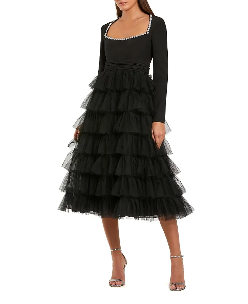 Mac Duggal Crepe and Tulle Long Sleeve Ruffle Midi Dress by M.A.C.