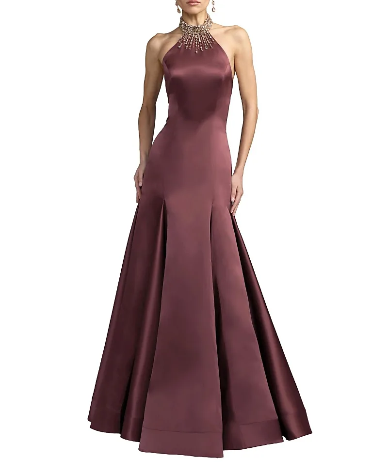 Mac Duggal Beaded Satin Collared Neck Sleeveless Godet Gown by M.A.C.