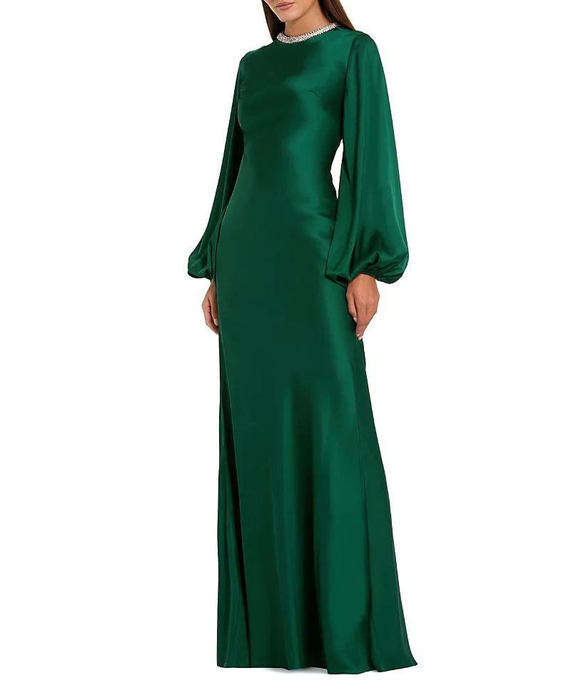 Mac Duggal Satin Long Blouson Sleeve Evening Gown by M.A.C.