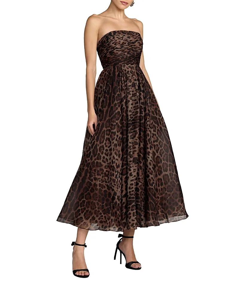 Mac Duggal Leopard Strapless A-Line Chiffon Midi Dress by M.A.C.