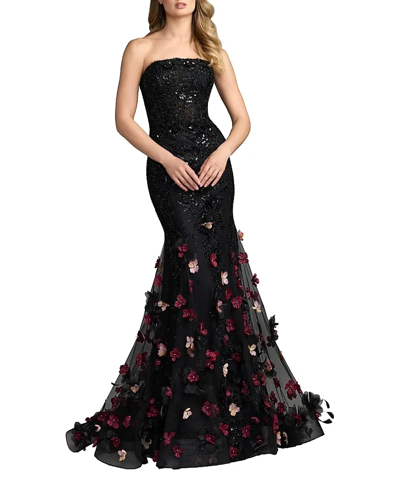 Mac Duggal Strapless Embroidery Mermaid Gown with 3D Flowers by M.A.C.