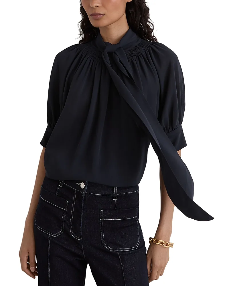 Lerina Tie Neck Short Sleeve Top by Reiss