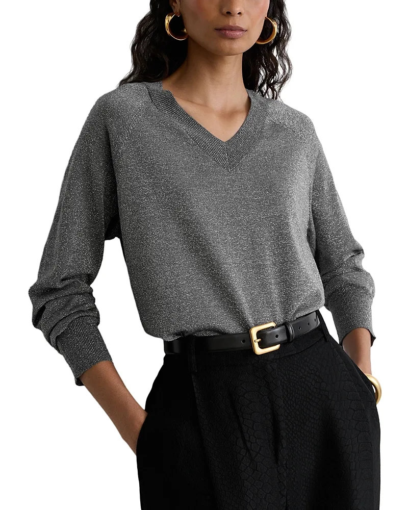 Wool Blend Metallic V Neck Sweater by Reiss
