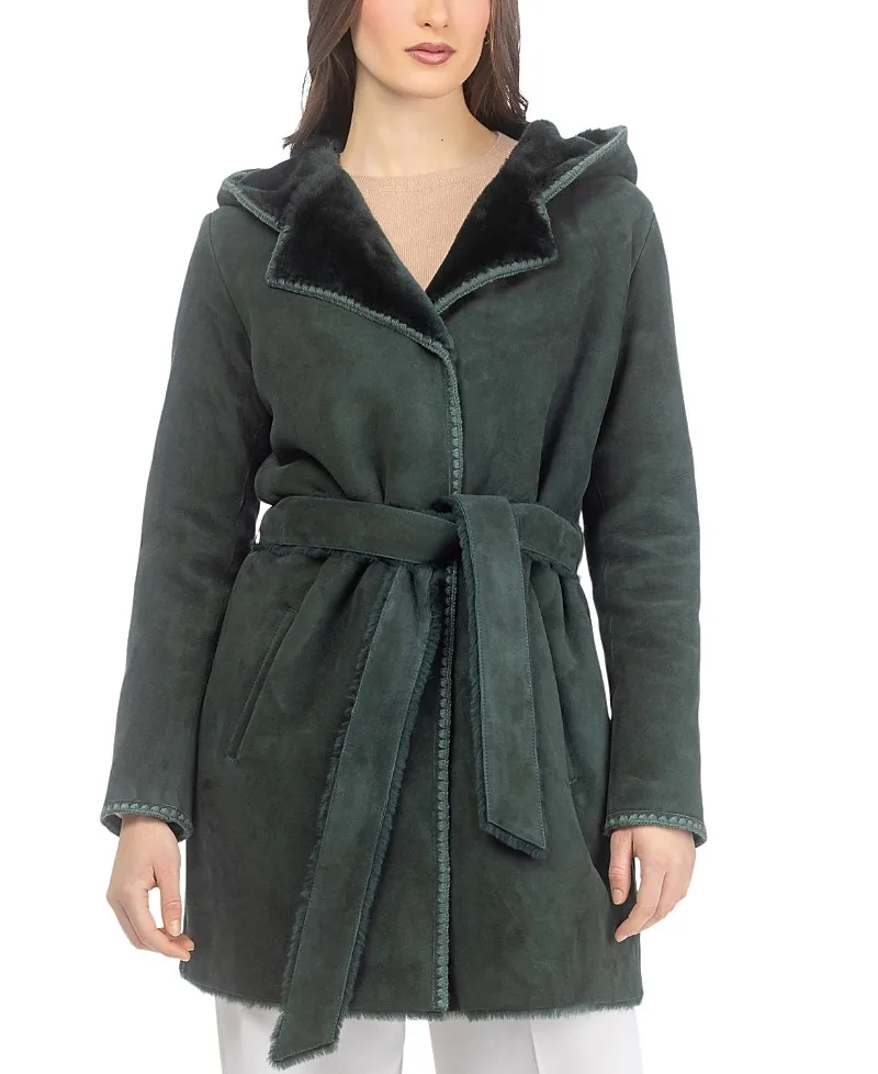 Merino Shearling Lamb Parka with Embroidered Trim with Belt by Gorski