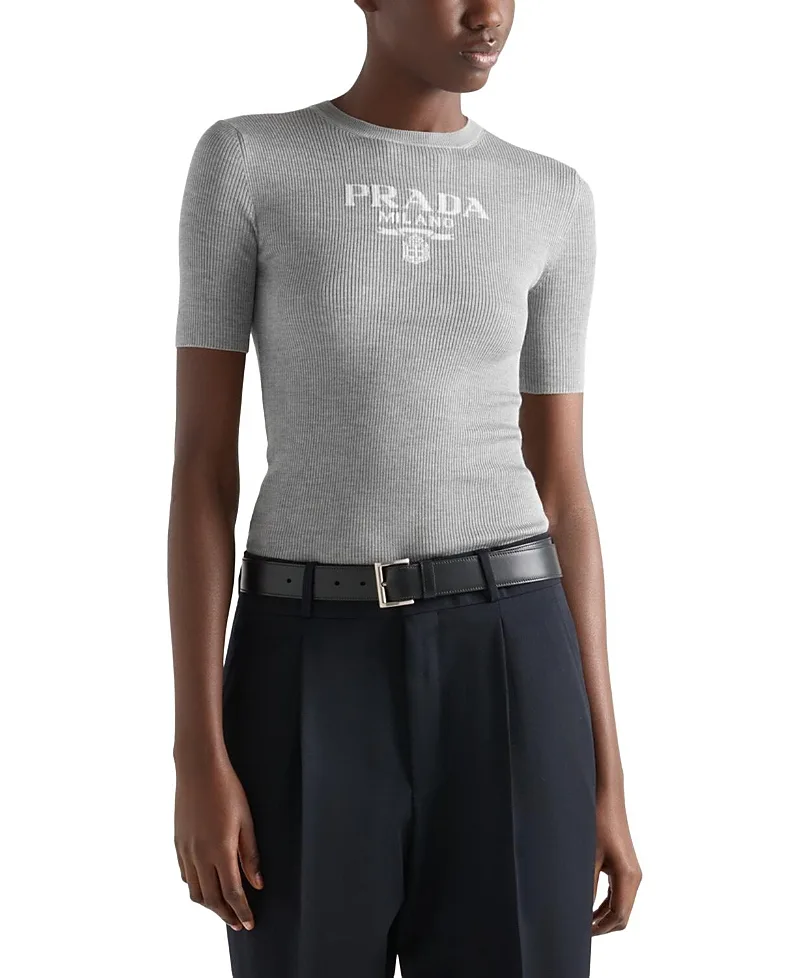 Silk Crew Neck Sweater with Logo by Prada