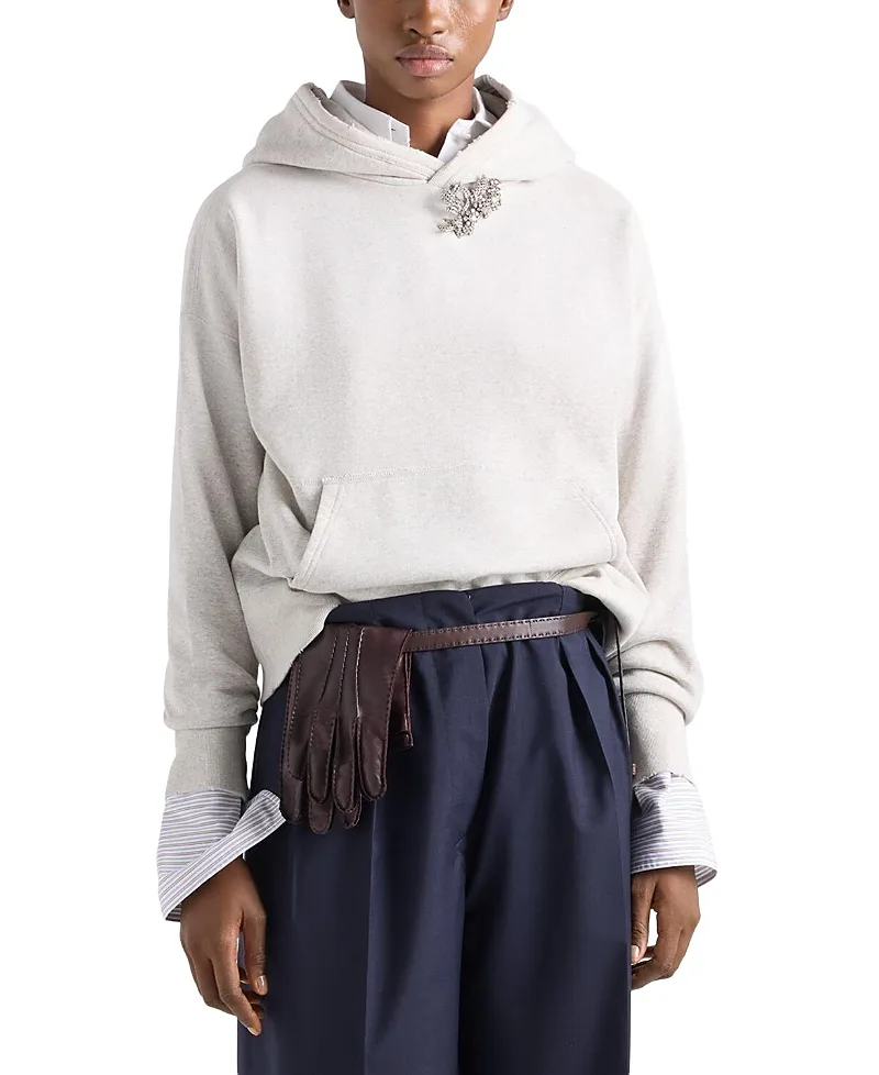 Cotton Fleece Hoodie with Jewel Brooch by Prada