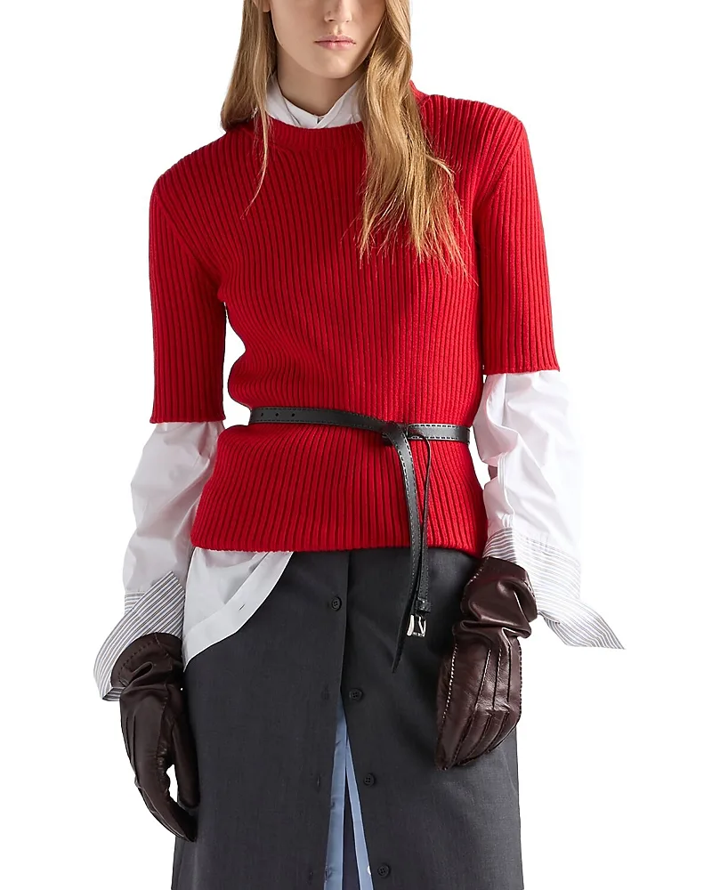 Short Sleeved Ribbed Knit Wool Sweater by Prada