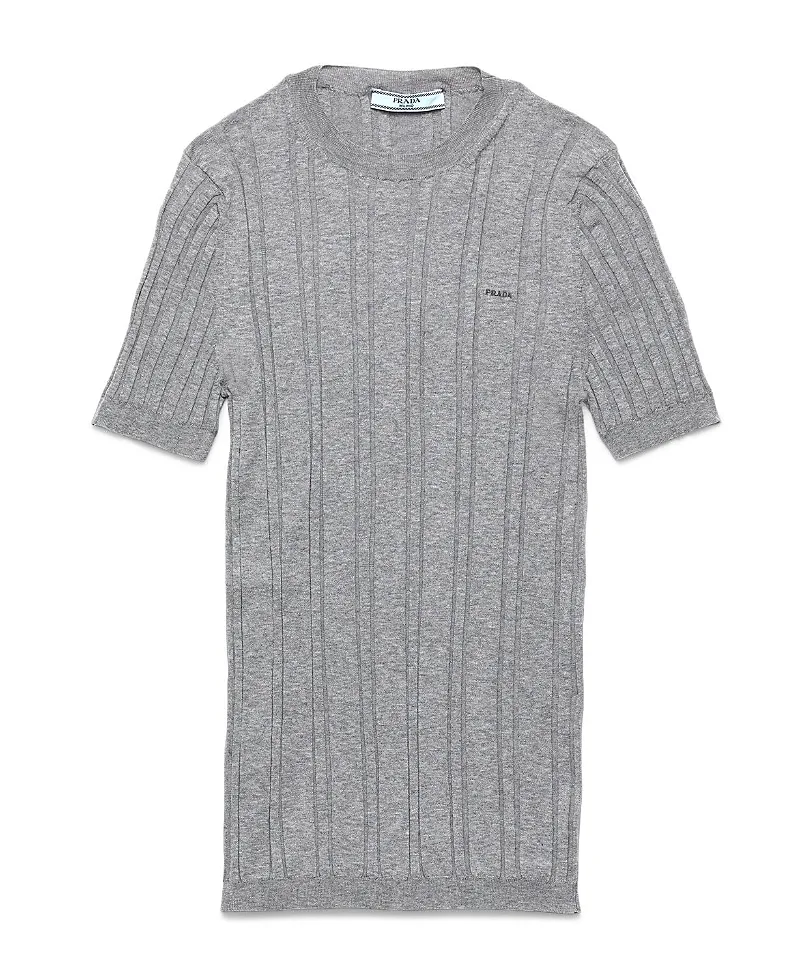 Short Sleeved Ribbed Knit Cotton Sweater by Prada