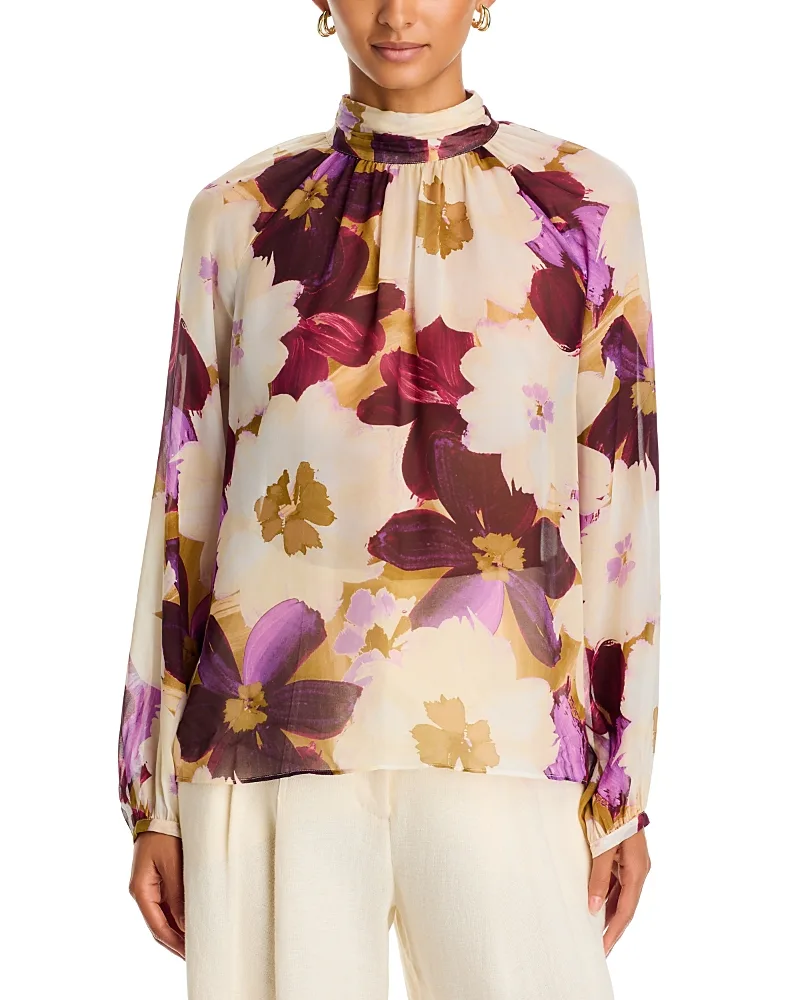 Keyhole Mockneck Floral Silk Blouse by Johnny Was