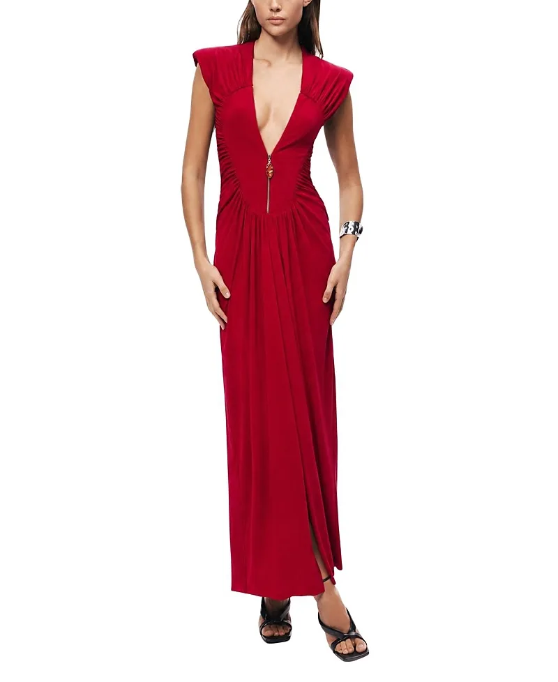 Ruched Deep V-Neck Maxi Dress by Nocturne