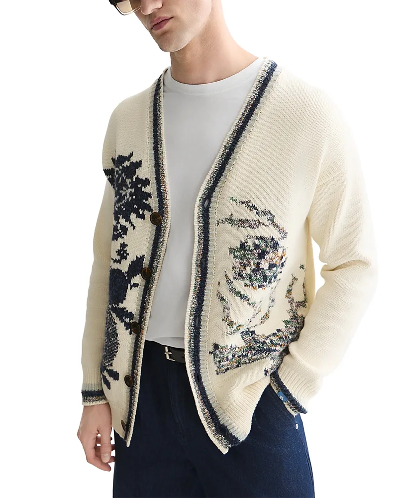 Intarsia Knit Flower Cardigan Sweater