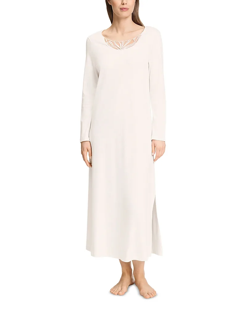 Rosaria Mesh Trim Long Sleeve Cotton Nightgown by Hanro