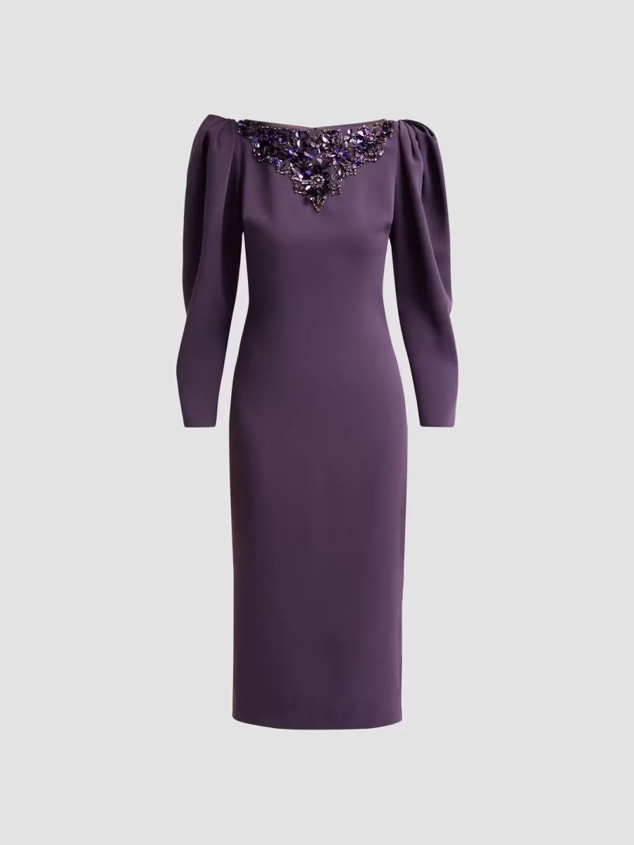 Beaded-Yoke Midi Sheath Dress by Badgley Mischka