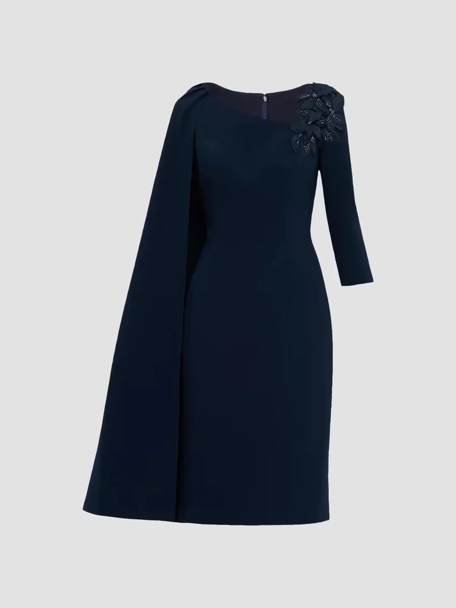 By Rickie Freeman Cape-Sleeve Crepe Asymmetric Knee-Length Dress by Teri Jon