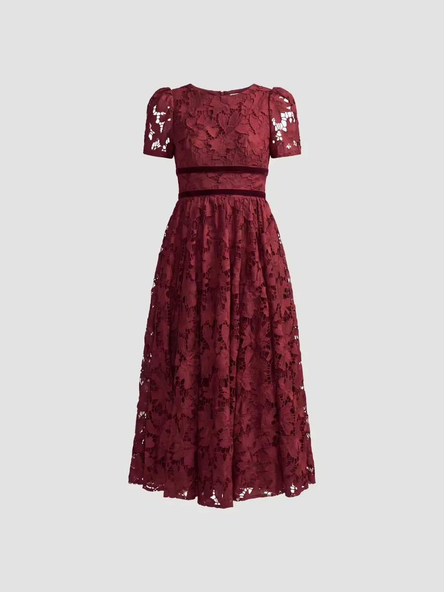 Floral Lace Velvet-Trim Midi Dress by M.A.C.