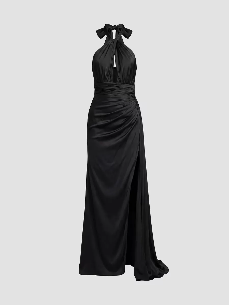 Satin Side-Slit Halter Gown