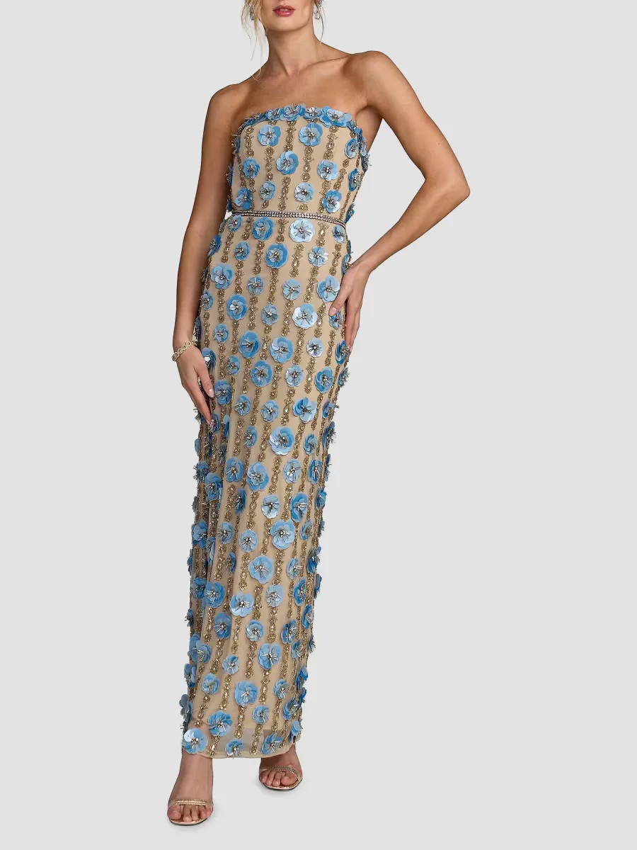 3D Floral-Embellished Strapless Maxi Dress by M.A.C.