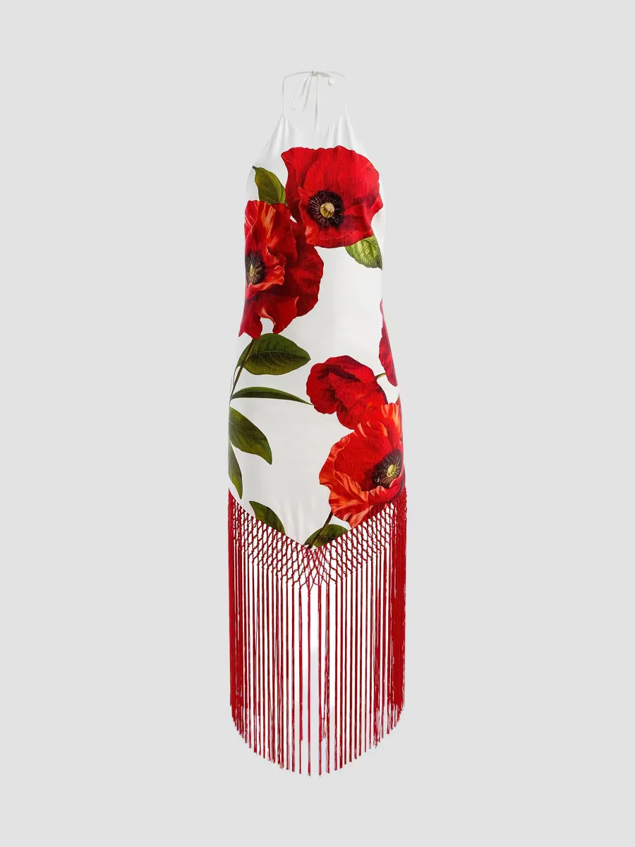 Mallory Floral Fringe-Hem Midi-Dress