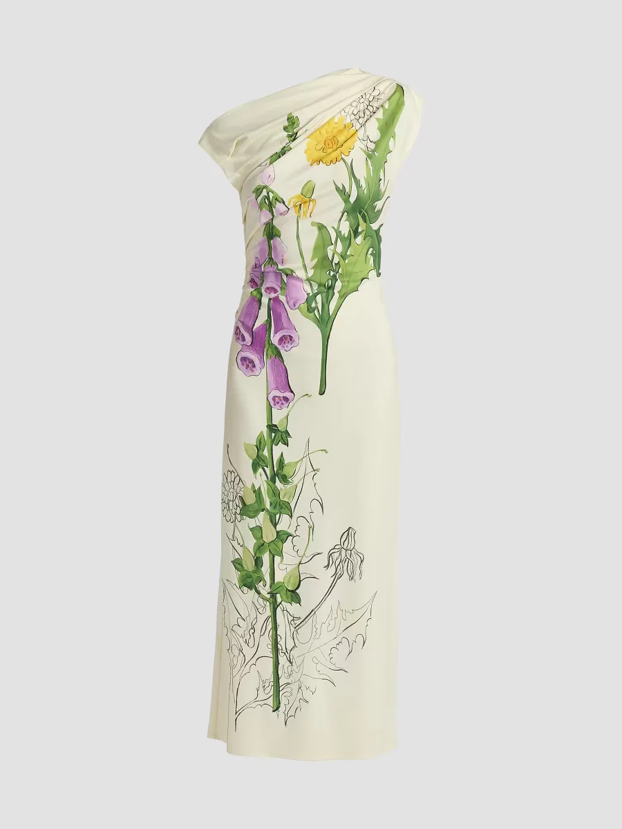 Draped Foxglove Jersey One-Shoulder Gown by Oscar de la Renta