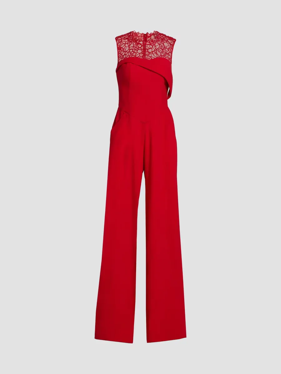 Crepe Lace Neck Jumpsuit by Honayda
