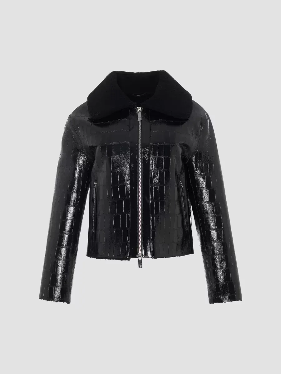 Shearling Lamb Croco Embossed Zip Jacket