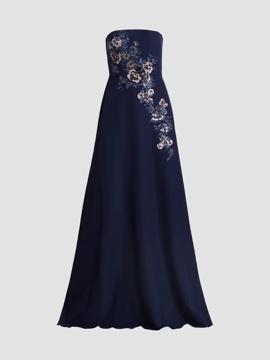 Embroidered Floral Crepe Strapless Column Gown