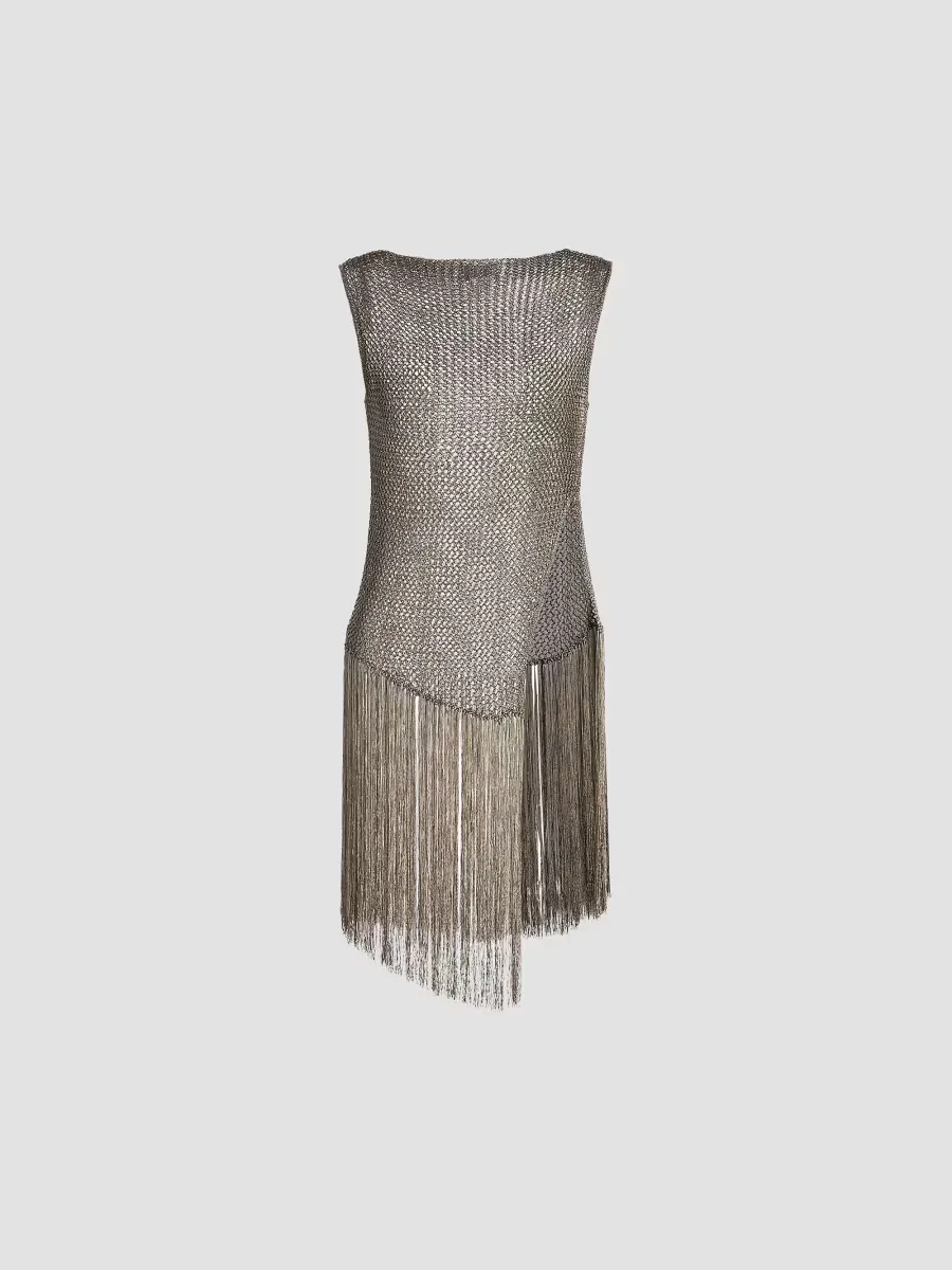 Metallic Netting Fringed Asymmetric Top
