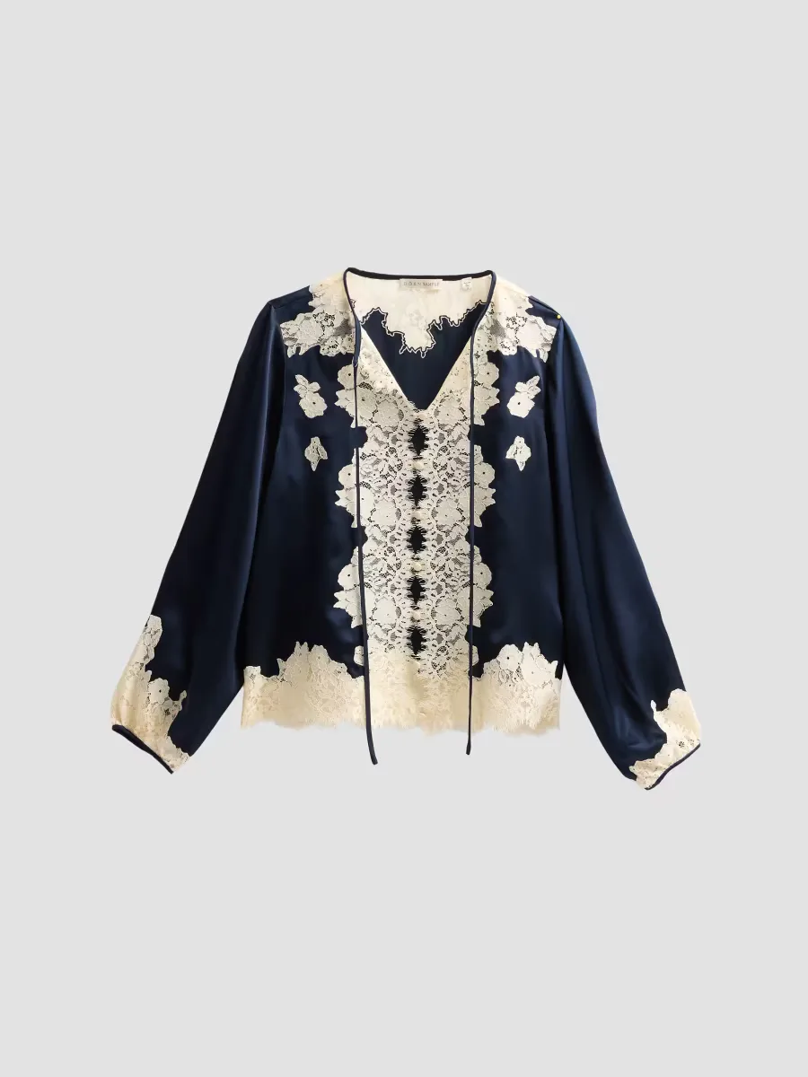 Lucine Lace-Trim Silk Blouse by DEN