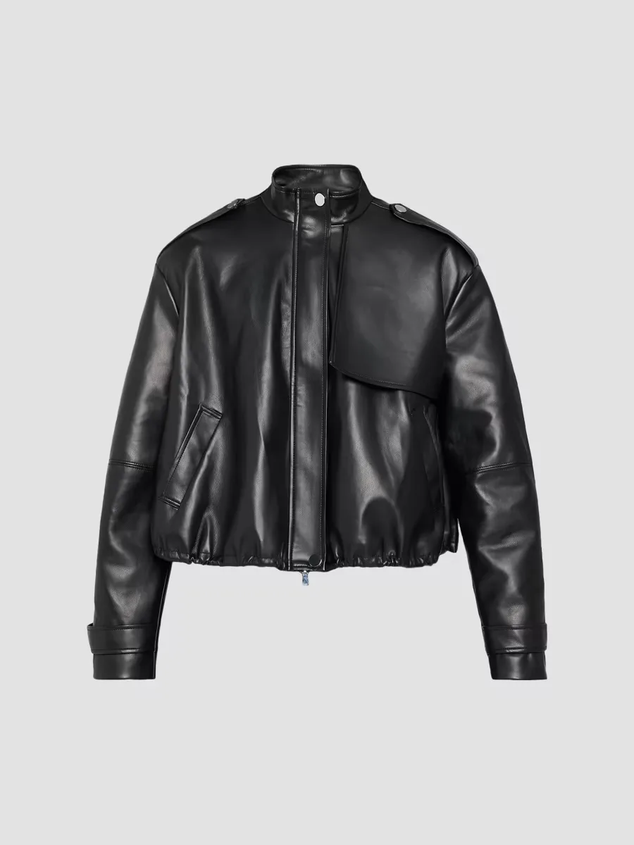 Alyssa Vegan Leather Drawstring Bomber Jacket