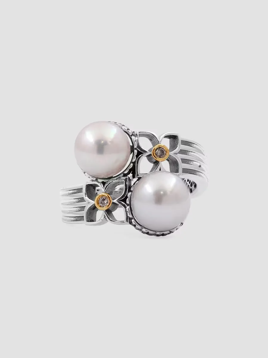 Sterling Silver, 18K Yellow Gold, 0.03 TCW Diamond & Freshwater Pearl Bypass Ring by Stephen Dweck