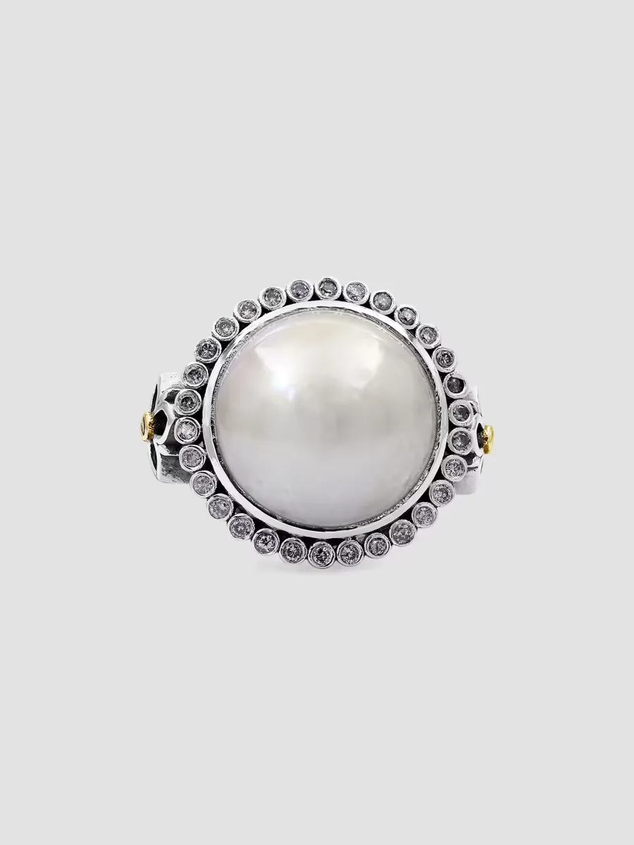 Sterling Silver, 18K Yellow Gold, Cultured Pearl & 0.32 TCW White & Champagne Diamond Ring by Stephen Dweck