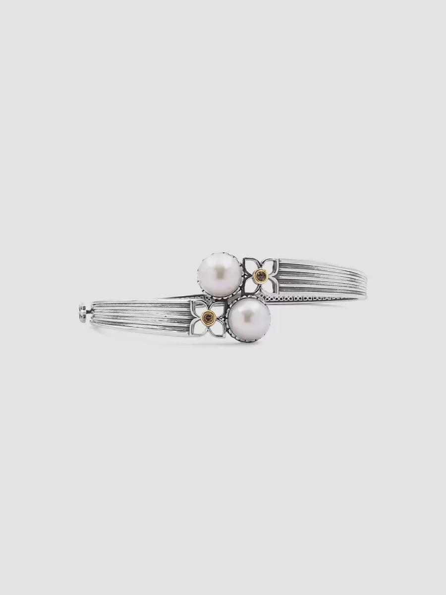 18K Yellow Gold, Sterling Silver, 0.06 TCW Diamond & Freshwater Pearl Bypass Bracelet by Stephen Dweck