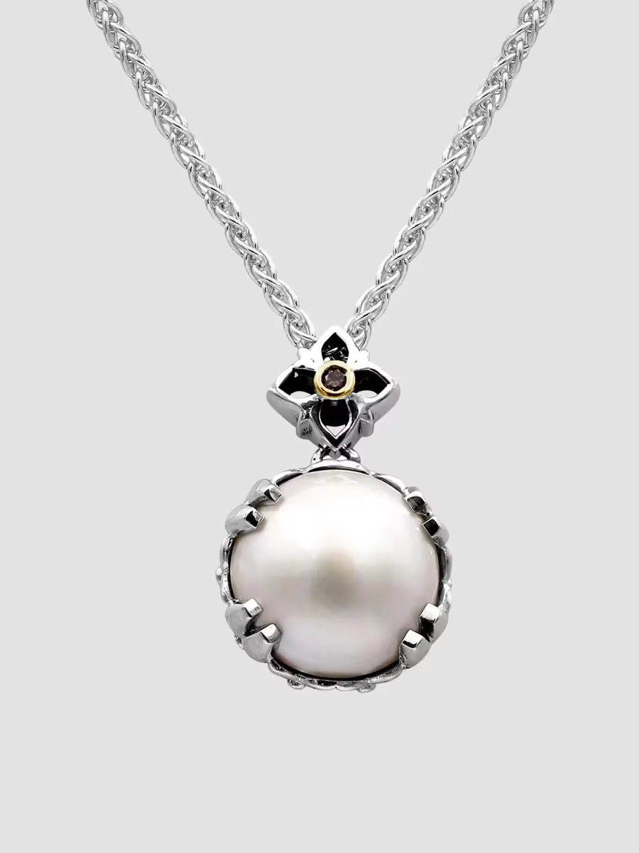 Sterling Silver, 18K Yellow Gold, Cultured Mab Pearl & 0.014 TCW Diamond Pendant Necklace by Stephen Dweck