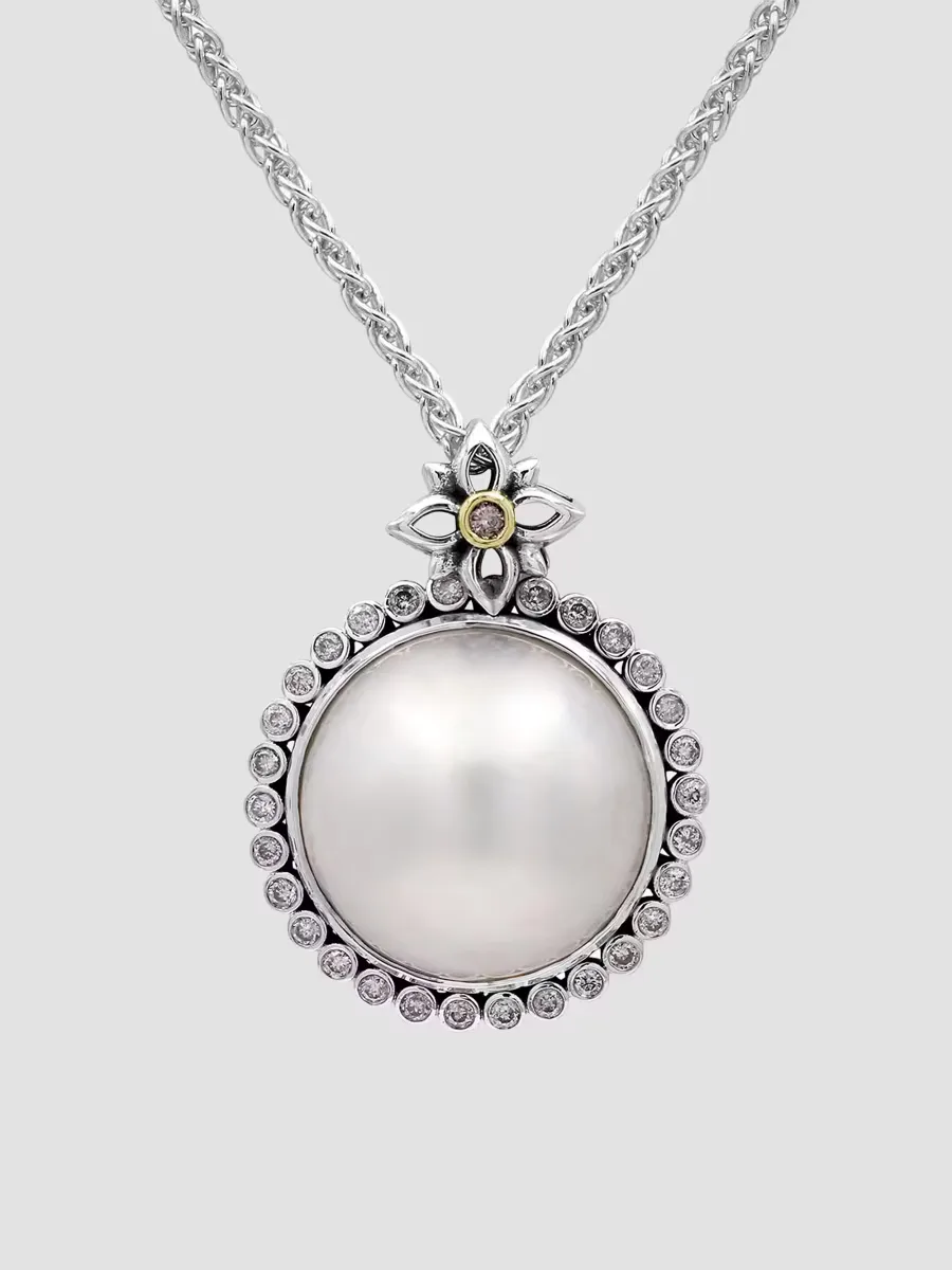 Sterling Silver, 18K Yellow Gold, Cultured Freshwater Pearl & 0.30 TCW Diamond Pendant Necklace by Stephen Dweck