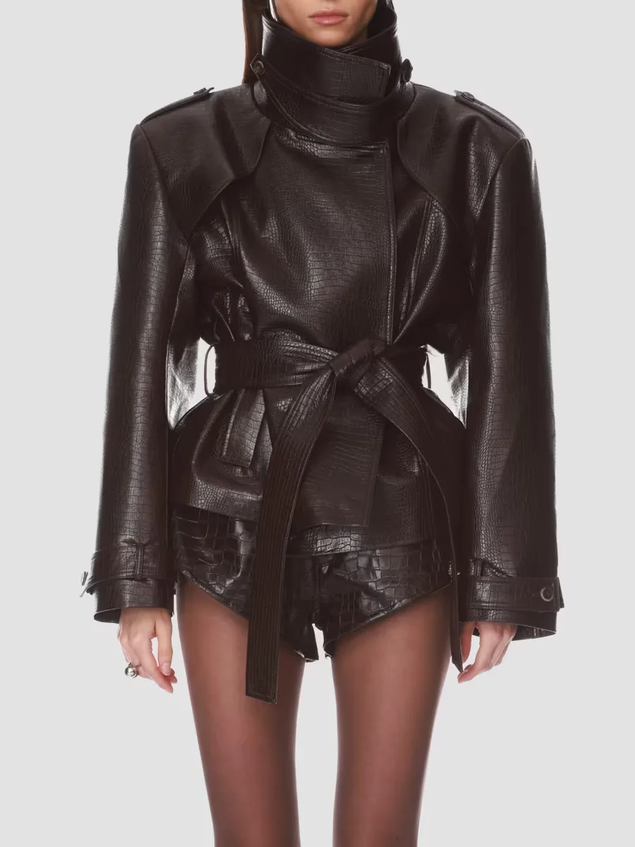 Croc-Embossed Faux-Leather Belted Jacket by Bronx Banco