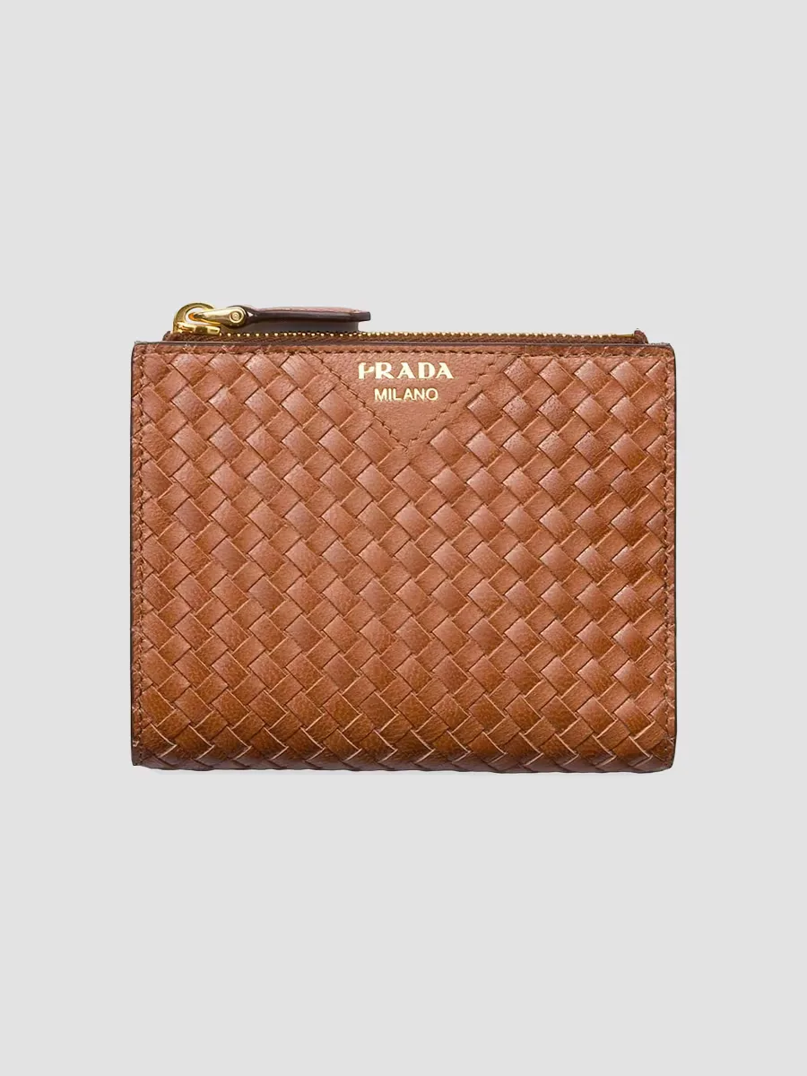 Small Woven Madras Leather Wallet by Prada