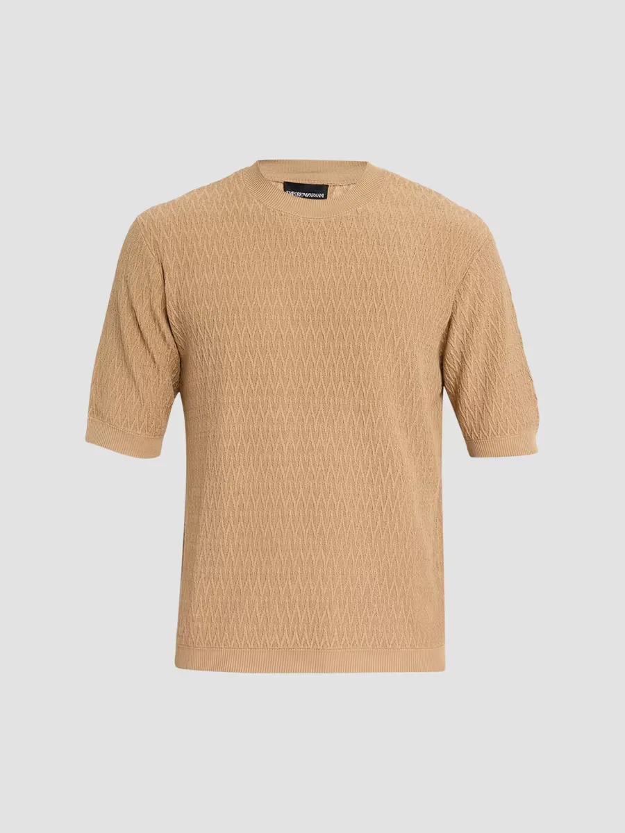 Emporio Armani Tonal Wave Cotton Short-Sleeve Sweater by Armani