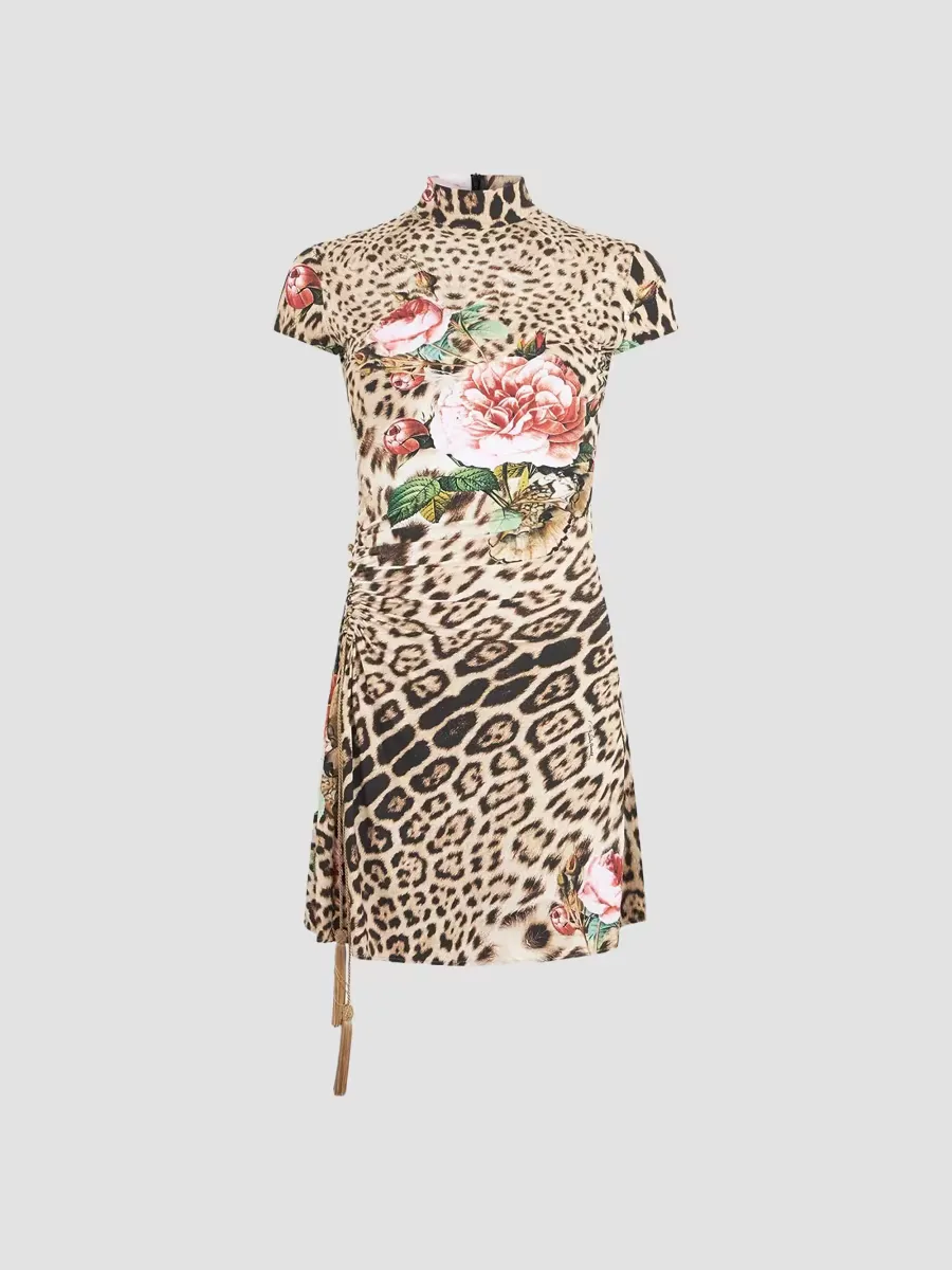 Floral Cheetah-Print Mock Turtleneck Mini Dress by Roberto Cavalli