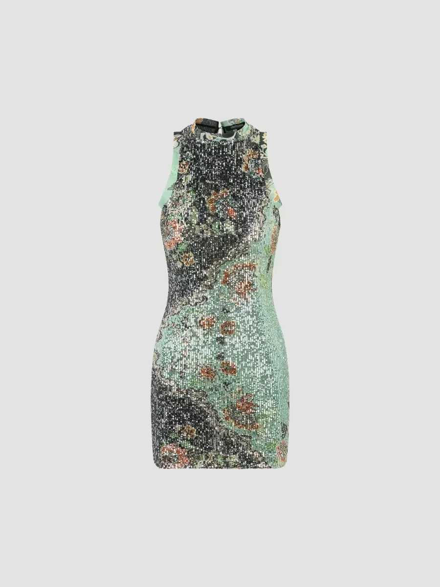 Sequined Floral Colorblocked Mini Dress by Roberto Cavalli