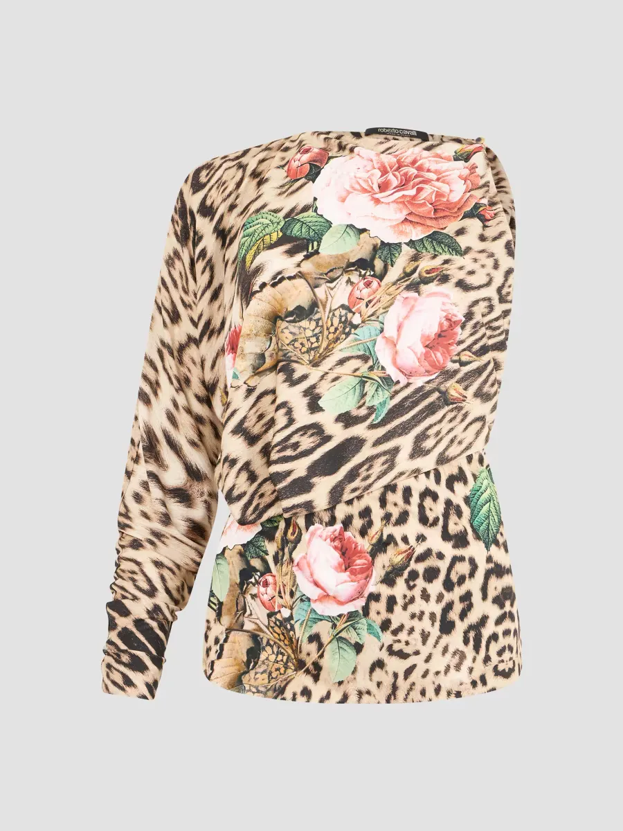 Floral Cheetah One-Sleeve Blouse by Roberto Cavalli