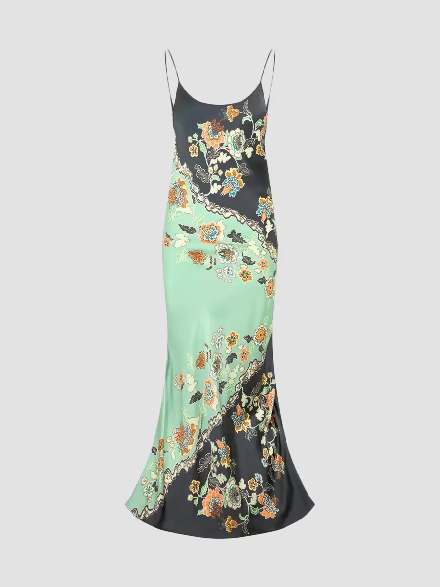 Floral Colorblocked Silk Slip Gown by Roberto Cavalli
