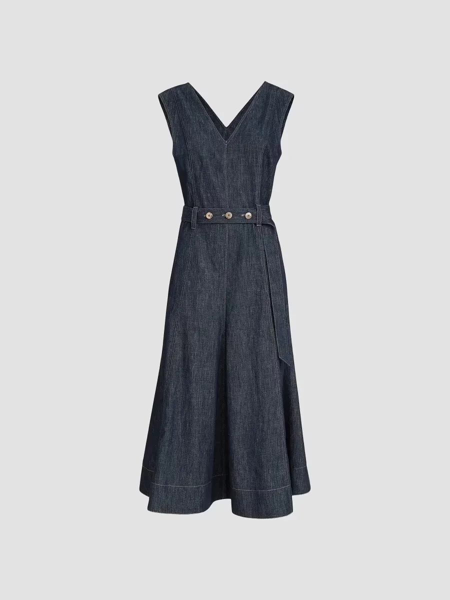 Cotton Denim Effect Twill Flared Dress with Belt and Monili by Brunello Cucinelli